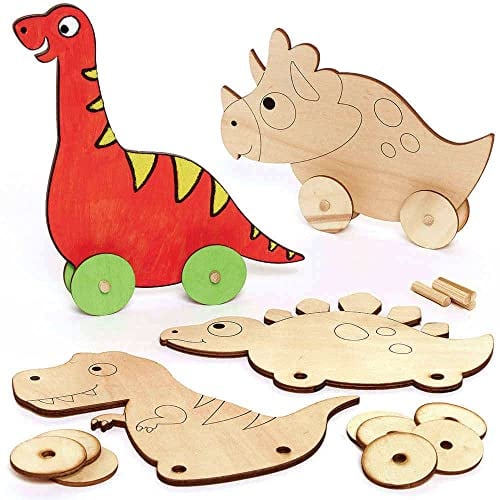 Baker Ross FC830 Dinosaurier Basteln aus Holz - 4er Pack, Kleine Rennwagen Holz Bastelsets für Kinder zum Bemalen und Basteln