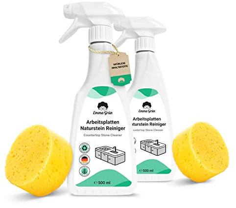 Emma Grün® Natürlicher Marmorreiniger 2x 500ml, Marmor Reiniger und Pflege, Arbeitsplatten Reiniger Made in Germany, Natursteinreiniger für Küchenarbeitsplatte Deklarationsfrei