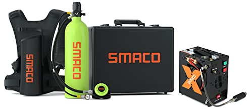 SMACO Mini Scuba Tank 2L Scuba Tank with 25-30 Minutes Backup Diving Air Tank Kit Portable Diving Gear for Underwater Exploration Emergency Rescue Pony Bottle with Aluminum Hard Case S700 PLUS