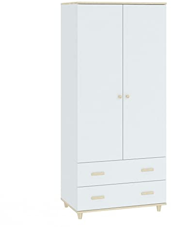 Oggi Mel Armoire de Rangement à Double Porte avec 2 Larges tiroirs coulissants pour Le Salon et l'entrée en Panneaux stratifiés Blanc et Acacia 50 x 80 x 180 cm.