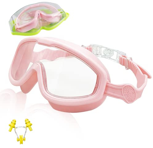 ProChosen Kids Swimming Goggles, Swimming Goggles for Kids Children Teens Age 3-15 Waterproof Anti-Fog UV Protection No Leaking, Boys Girls Swimming Goggles Kids 6-14 with Nose Clip & Earplugs(Pink)