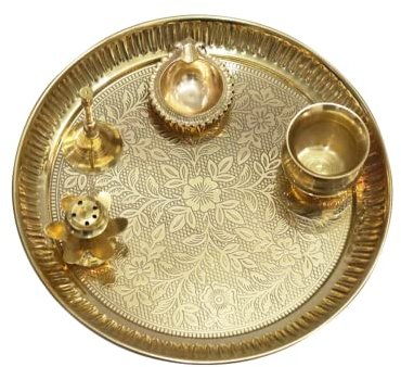 BRACOP® Brass Pooja Thali Hindu Aarti Thali Pooja Samagri Home Decorative Embossed Serving Plate Puja Plate Religious Items Temple Accessories Round Platters Gifts Set Of 5 Pcs Hindu Gift