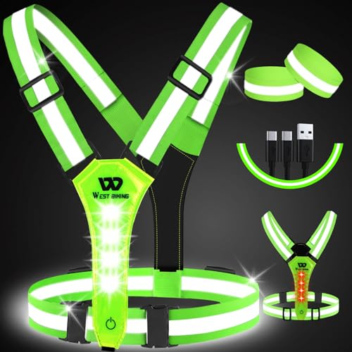 West Biking LED Reflective Running Vest, USB Rechargeable Running Lights for Runners, Elastic Adjustable Reflective Running Gear, High Vis Running Vest with Armband for Walking Running Cycling(Green)