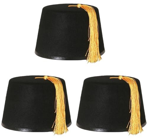 Fez Hut schwarz Kostüm-Accessoire-Kappe schwarz mit goldfarbener Quaste, Unisex, Filzhut für Herren und Damen, 3 Stück