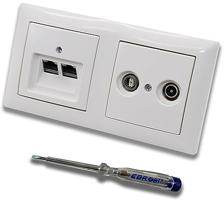 Busch Jäger, Rutenbeck Unterputz Netzwerkdose 10 Gigabit/S (10GbE) KAT6A 6A 2 x RJ45 Anschluss + WISI 2-Loch Durchgangsdose im BJ BalanceSi alpinweiß Design + EBROM Phasenprüfer z. Montage d. Geräte
