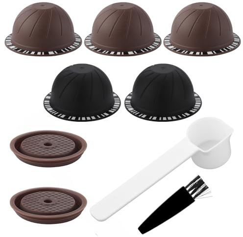 5 Réutilisables Dosettes pour Nespresso Vertuo Machine, Capsules de Café Rechargeables 230 ml et 150 ml avec 2 Couvercles en Silicone, 1 Cuillère, 1 Brosse Accessoires Café pour Nespresso