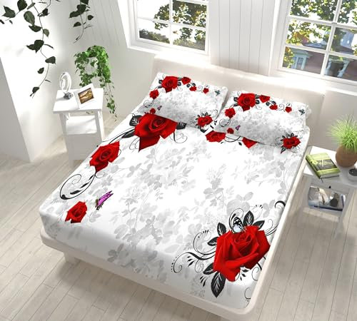 Spannbettlaken Set 180x200 cm, Spannbetttuch Leuchtend Rote BlüTen Muster Weiche Atmungsaktiv Microfaser mit 2 Kissenbezug, Spannbetttücher für bis 25-30 cm Matraze and Kinder Erwachsener