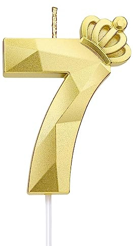 Zahl 7 Kerze, 7.6 cm große Happy Birthday-Kerze mit exquisiter 3D-Krone, Tortenaufsatz, Dekorationen für Hochzeit, Jahrestag, Geburtstag, Wiedervereinigung, Themenparty, Dekoration, Feier (Gold-7)
