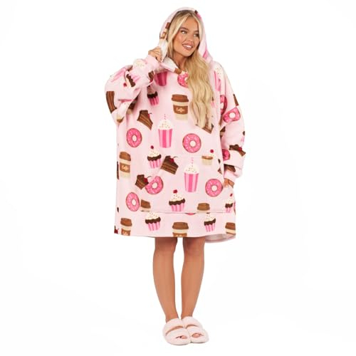 OHS Oversized Blanket Hoodie Pink, Winter Warm Sherpa Fleece Blanket Hoodies Soft Fluffy Wearable Snuggle Hoodie Women, One Size Coffee Cake Print