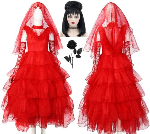Yanny Lydia Gothic Kostüm Rot Brautkleid Lydia Cosplay Braut Spitze Kleid Handschuhe Rose Perücke Zubehör (Red + Wig, X-Large)