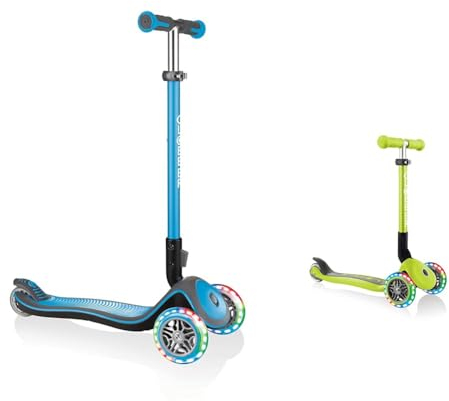 GLOBBER Elite Deluxe Lights – Tretroller Kinder, 120/80 mm & JUNIOR Foldable Lights – Tretroller, 120/80 mm, ABEC 5, 3-rädrig, LED-Leuchtrollen, Lime grün
