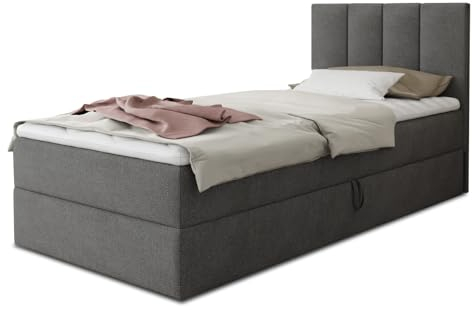 Boxspringbett Star Mini mit Bettkasten, Bonell-Matratze und Topper - Einzelbett mit Matratzentopper, Polsterbett, Bett, Schlafzimmer, Jugendzimmer (Dunkelgrau (Kronos 22), 120 x 200 cm)