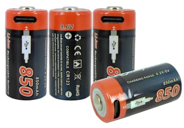 PowerSmart USB CR123 Li-Ionen Akku, 4-Pack 3,6V 850mAh mit Typ-C Anschluss