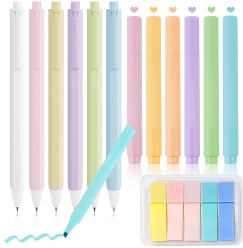 OFFCUP Pastel Highlighters, 13PCS Aesthetic School Supplies, 6pcs No-Bleed Highlighters, 6pcs Retractable Rollerball Pens Ink Gel Pen, 1PC Sticky Tab, Cute Stationary for School Office Home (Macaron)