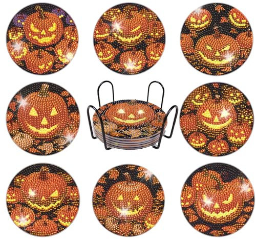 8 Stück DIY Halloween Kürbis Diamond Painting Untersetzer mit Halter, Diamant Tassenuntersetzer, für Tassen, Weingläser, Vasen und Heimküche, Untersetzer rutschfest für Anfänger, Erwachsene & Kinder