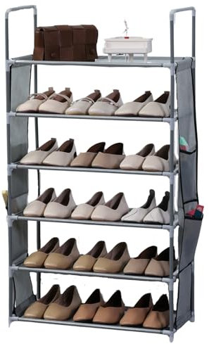 Herzberg HG03602, Schuhschrank 6 Ebenen Grau, für 12-18 Paare, Robuste Konstruktion, Wasserdichtes Vliesstoffmaterial, Seitentaschen zur Aufbewahrung, Einfacher Aufbau, 57x27x100cm