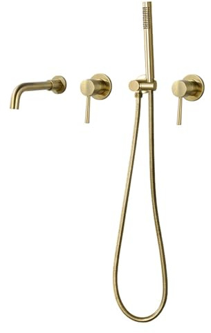 XJTNLB Mischbatterie Dusche Unterputz Gebürstetes Gold Zweigriff Wannenrandarmatur 360°Drehbar Auslauf Armatur Dusche Badewanne Badewannenarmatur mit Handbrause und Duschschlauch