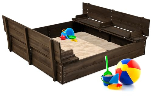 Best Choice Products Large Outdoor Wooden Sand Box for Kids, Sandbox with Cover, Bench Seats Support up to 220 lbs, Bottom Liner for Drainage, Cedar Wood - Espresso