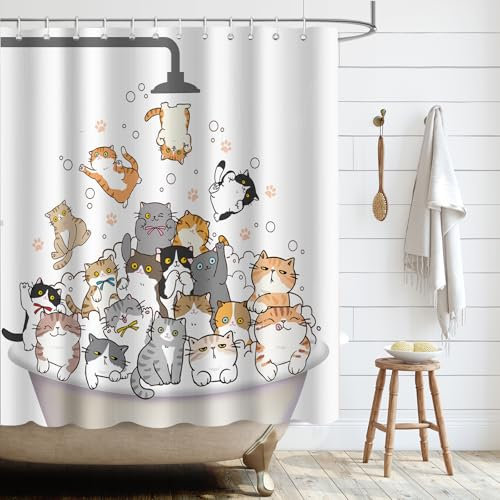 APROPHIC Tenda da doccia divertente, 180 x 180 cm, per bambini, motivo: gatto, tenda da doccia colorata, in tessuto, lavabile con 12 ganci