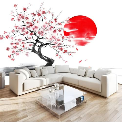 3D Papier Peint Peinture À L'Encre Fleurs De Cerisier Japonais Papier Peint Panoramique Mural 200x140 cm Affiche Géante Décoration Pour Salon Chambre Chambre D'Enfant Décoration Murale