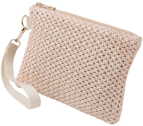 CREATCABIN Off White Straw Woven Cosmetic Pouch Bohemian Beach Straw Purses Portable Vacation Travel Storage Clutch Bags for Outdoor Camping Toiletry Makeups Organiser Hawaii Zipper Handbags 8.3x6in