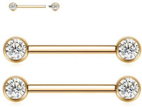 AROWRO 14G Brustwarzenstäbe Nippelpiercing-Schmuck 14mm Zungenstege Zungenpiercing Nippelringe Innengewinde Zungenstegpiercing Brückenpiercing-Schmuck Titan Gold