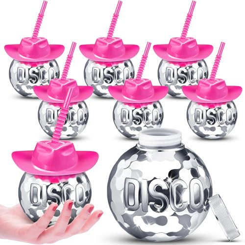 Tanlade 6 Pcs Disco Ball Cups with Cowboy Hat Lid and Straw Disco Flash Ball Cups Pink Cowgirl Hat Cocktail Favors for 70s Bar Western Party Supplies Bachelorette Party Decorations