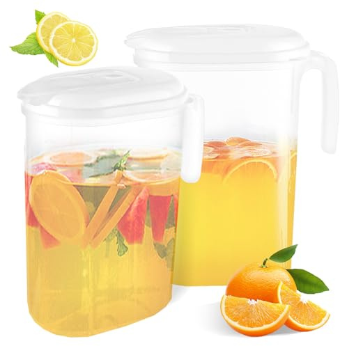 ASelected 2 L Water Jug Space Saving, 20 x 17 x 7 cm Fridge Water Jugs with Lid, Clear Drink Pitcher with Handle, BPA-Free Fridge Water Pitcher for Tea, Boiled Water, Fruit Tea, Juice, Beer, Milk