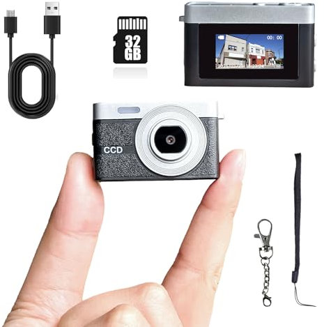 Mini cámara digital con llavero, mini cámara retro, fotos con sensación de los años 90, tamaño del llavero, regalos de cumpleaños, 32 GB incluidos (negro)