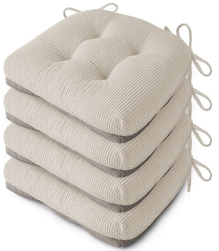 FlyGulls Indoor Kitchen Chair Cushions Set of 4 18X16.5X3 Soft Anti Slip Dining Chair Pads Tufted Kitchen Seat Cushion with Ties, Beige