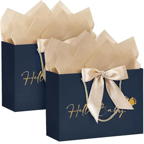 Geschenktasche zur Geburt Große 30*25*11CM Babyparty Geschenktüten Papier Geschenk Tasche schwarz mit Golden Schleife Hello baby Füß Zeichen Babypartytasche Papiertüten mit Henkel zur Geburt Newborn