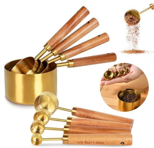 Measuring Cups and Spoons Set, Stainless Steel Dual Scale Measuring Spoons Tools with Wood Handle for Baking and Cooking, Elegant Gold Finish for Dry Liquid Ingredients, Set of 8 pcs