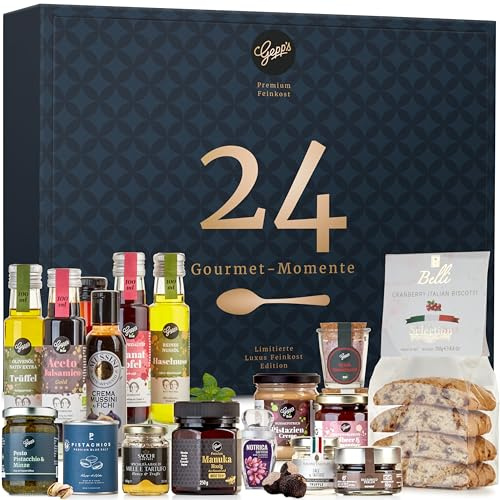 Gepp’s Feinkost Adventskalender Premium Plus Gourmet I Erlesene Feinkost, Essig- und Öl-Spezialitäten, Pesto mit Trüffel, Dips & Gewürzmischungen I Luxus Weihnachtskalender mit Konfitüren & Trüffelöl