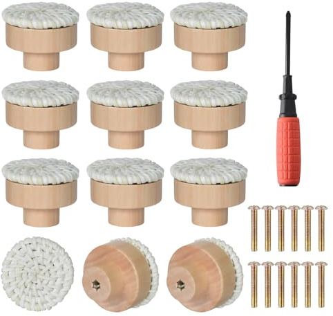 Rylae Rattan Möbelknöpfe, Schrankknöpfe Holz Rund, 12 Stück Schubladenknöpfe mit Schrauben, Holzknöpfe für Schränke, Schubladen, Kommoden, Kleiderschrank, Küche, Zimmer (Weiß)