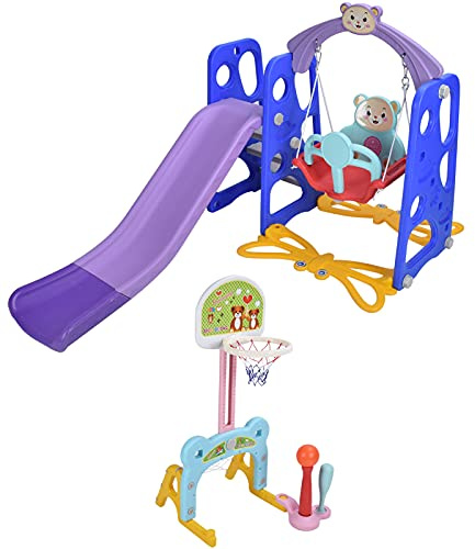 Kids 5 in 1 Toddler Slide Swing Set, Indoor Outdoor Children Playground with Basketball Hoop and Football Gate, for Baby Kindergarten Toy (Blue)