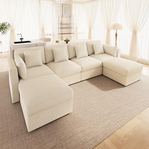 MOBETTRES U-förmiges Ecksofa, modulare Wohnzimmerkombination, Sechssitzer-Sofa mit verstellbaren Armlehnen und abnehmbarem Hocker, Cordstoff, geeignet für Wohn- und Schlafzimmer (Beige)