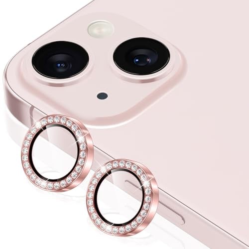 Coiwxmoi Protecteur d'Objectif de Caméra pour iPhone 13/13 Mini Protection Camera,Verre Trempé 9H avec Bling Paillettes Diamants,HD Transparente Anti-Rayures,Appareil Photo Individuel Protector,Rose