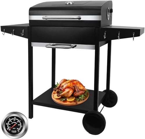 kisidus Holzkohlegrill Grillwagen mit Deckel, Grillrost 50 x 42 cm | Kohlegrill mit Thermometer & Rollen, Groß Kohle mobiler BBQ Grill für Garten und Outdoor-Events