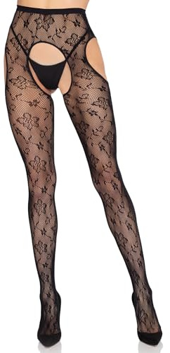 LEG AVENUE Damen Blickdicht Strumpfhose Schwarz One Size Netz Blumenmuster Offen Handwäsche