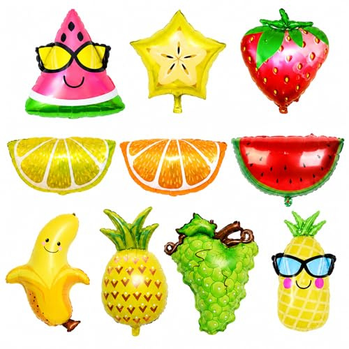 DazzJoy 10 Stk Hawaii Obst Deko Ballons, Hawaii Party Deko Ballon, Ananas, Wassermelone, Zitrone, Erdbeere, Sternfrucht, Weintrauben, Banane Sommer Obst Luftballons, Sommer Folienballon für Poolparty