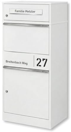 Metzler Paketbox draussen groß in Weiß RAL9016 - Briefkasten mit Paketfach personalisiert mit Gravur - Standbriefkasten mit Edelstahl Namensschild pulverbeschichtet rostfrei und massiv