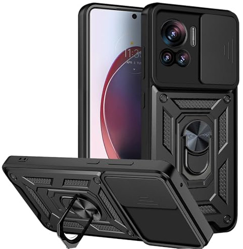 Techsuit für Motorola Edge 30 Ultra Hülle mit Schiebe Kameraabdeckung, Ringhalter, Magnethalterung Kompatibel, Erhöhte Kanten, Stoßfest, CamShield Series, Polycarbonat, Schwarz