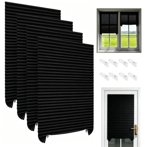 CAAGGMM No Drill Temporary Blinds Stick on, 4 Pack 60 x 150 cm Temporary Blackout Blind, Easy fit Self Adhesive Blind, Pleated Shades, Curtains for Windows Patio Doors Kitchen Bedroom, Black
