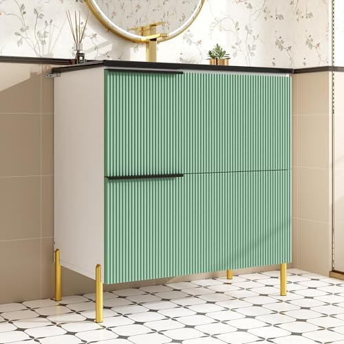 phosir Armario para debajo del lavabo verde menta con lavabo de cerámica, textura 3D, patas doradas, 2 cajones, armario de baño con asas negras, 82 x 47 x 90 cm