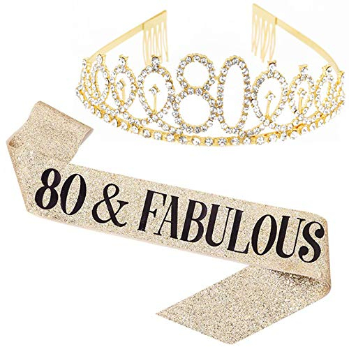 Leixi 80 and Fabulous Sash & Rhinestone Tiara Set - 80th Birthday Sash 80 Birthday Gifts Party Favors (Gold)