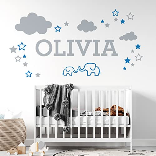 Wandtattoo mit Namen, Elefanten, Wolken und Sterne, personalisierbar [Ozean]