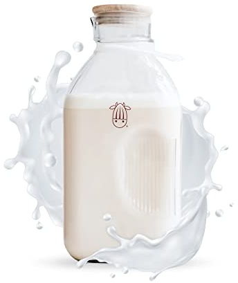 Almond Cow - Pichet en verre avec couvercle et bec verseur, bouteille pour réfrigérateur, pot à lait transparent, récipient liquide en verre de qualité alimentaire, capacité de 1,7 l, 12,7 x 10,2 x