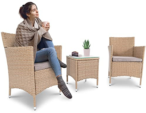 di volio Polyrattan Sitzgruppe Siena - Lounge Gartenmöbel-Set für Garten und Terrasse mit Tisch & 2 Sesseln - Lounge-Set in Rattan-Optik