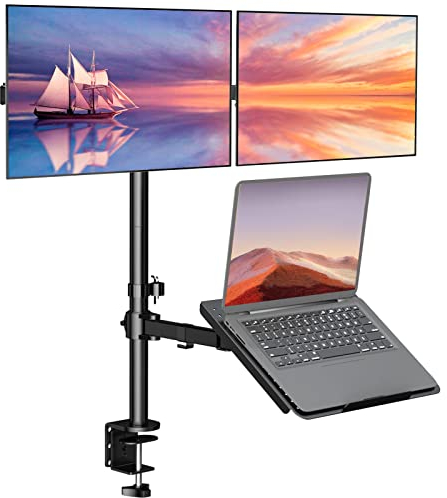 WALI Dual Monitor Stand, Laptop and Monitor Stand for 2 Screen 1 Laptop Notebook, Extra Tall Desk Mount for Monitor up to 27 inch, Notebook up to 17 inch (M002XLLP), Black