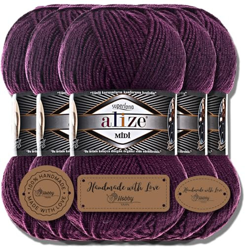 Alize 5 x 100g Superlana Midi Türkische Premium Wolle Baumwolle und Acryl Uni Handstrickgarne | Yarn | Garn | Strickgarn Einfarbig Baby zum Häkeln Stricken Kleidung Schals (Plum | 111)